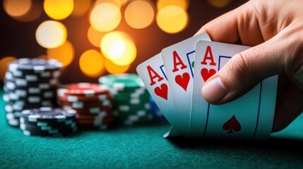 Three Aces in Poker Hand, Casino Night, Gambling Game