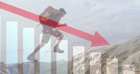 Image of financial data processing over caucasian man hiking in mountains