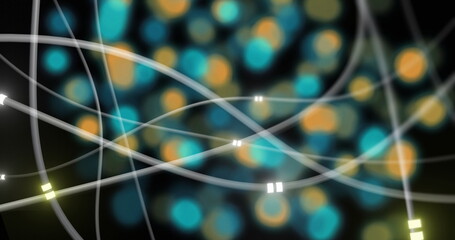 Image of digital data processing and glowing network of connections on dark background