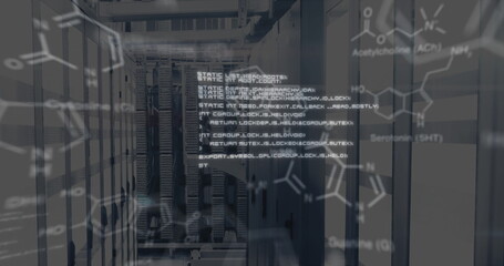 Image of chemical formula and data processing over server room