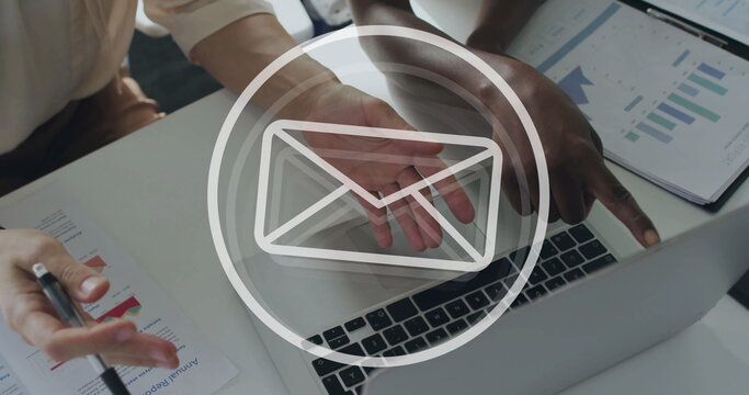 Image of email icon and data processing over diverse business people in office