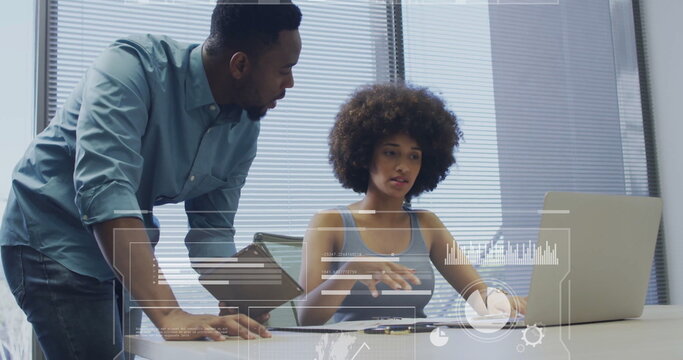 Image of digital data processing over diverse business people in office - Powered by Adobe