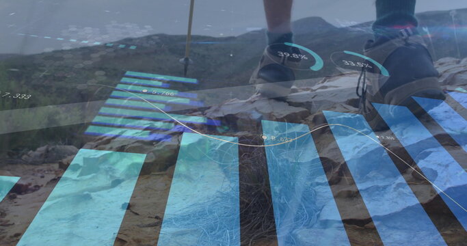 Image of financial data processing over caucasian man hiking in mountains