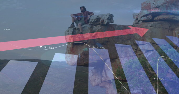 Image of financial data processing over caucasian man hiking in mountains