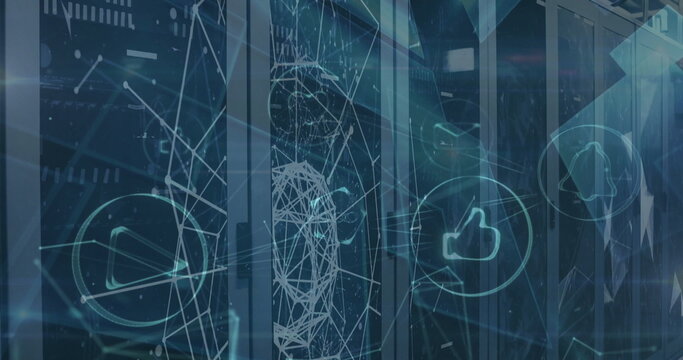 Image of network of connections with social media icons over server room - Powered by Adobe