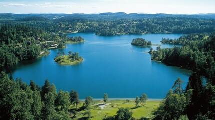 Aerial view of a serene lake surrounded by lush green forest and small islands.