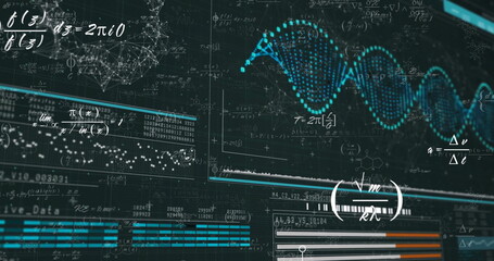 Image of mathematical equations over data processing with dna strand on black background