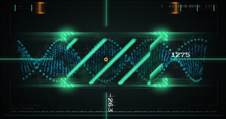 Image of data processing over dna strand on black background