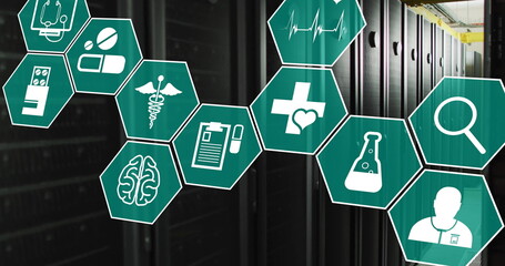 Image of medical icons and data processing over computer servers