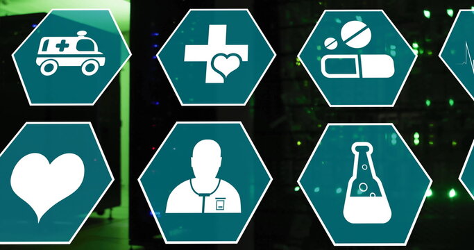 Image of medical icons and data processing over computer servers