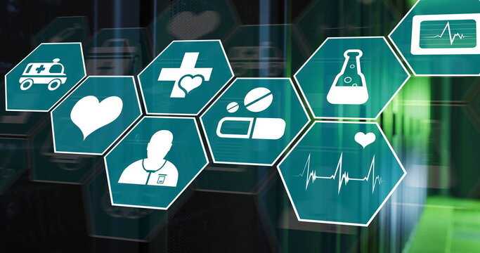 Image of medical icons and data processing over computer servers - Powered by Adobe