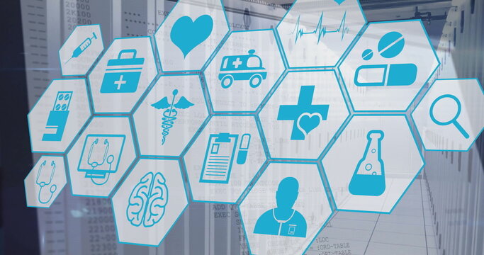 Image of medical icons and data processing over computer servers