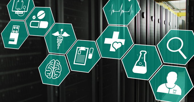 Image of medical icons and data processing over computer servers