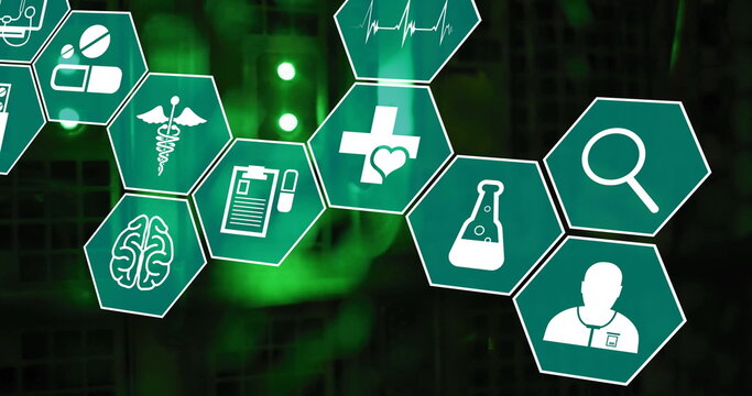 Image of medical icons and data processing over computer servers