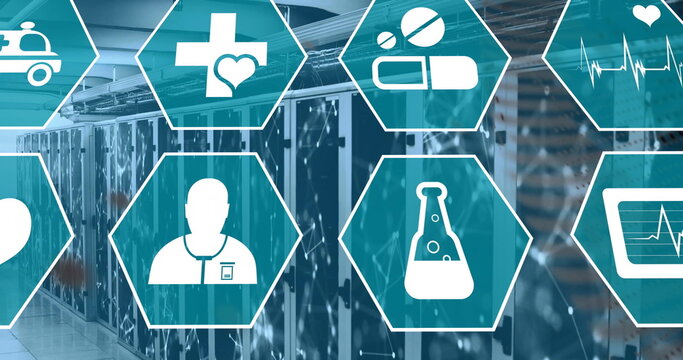 Image of medical icons and data processing over computer servers