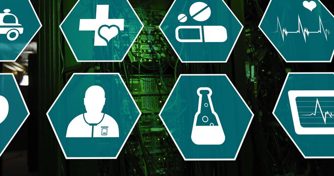 Image of medical icons and data processing over computer servers