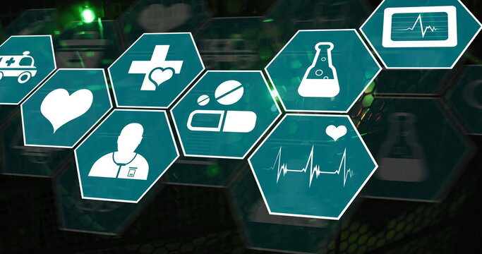 Image of medical icons and data processing over computer servers