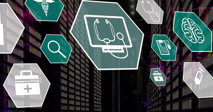 Image of medical icons and data processing over computer servers