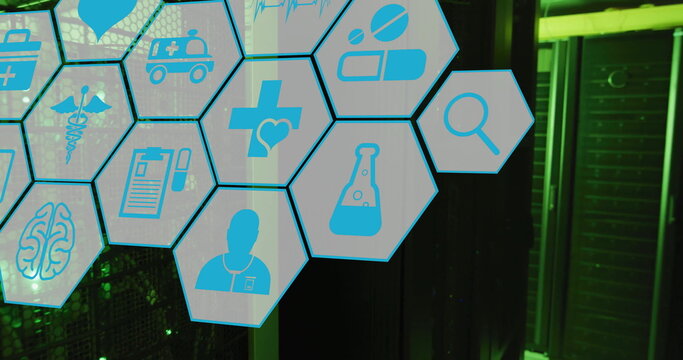 Image of medical icons and data processing over computer servers