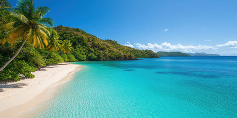 Fototapeta premium vibrant tropical beach with turquoise water, palm trees, and lush green hills