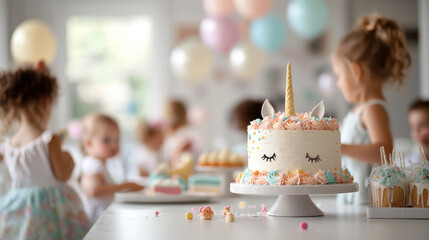 whimsical unicorn themed birthday party with children enjoying colorful treats