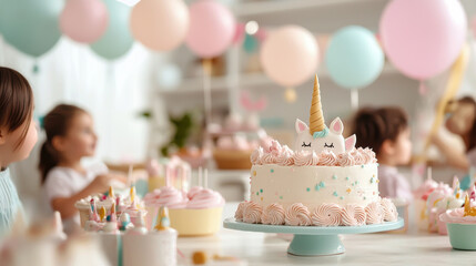 whimsical unicorn themed birthday party with pastel decorations and joyful children