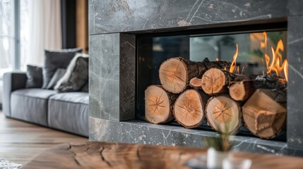 The wood logs crackle and pop in the fireplace providing a rustic charm to the modern industrial decor. 2d flat cartoon.