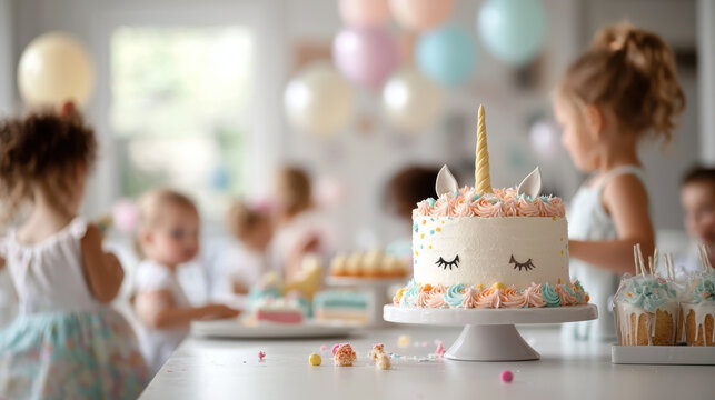 whimsical unicorn themed birthday party with children enjoying colorful treats