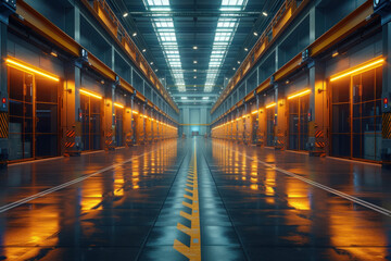 a modern industrial space with a high ceiling and long rows of doors or sections on either side. Bright LED lamps illuminate the space, reflecting on the smooth and shiny floor. 