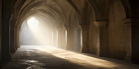 Fototapeta premium An old stone gothic walkway lined with arches