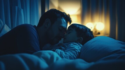 A father and son sharing a tender moment while sleeping peacefully.
