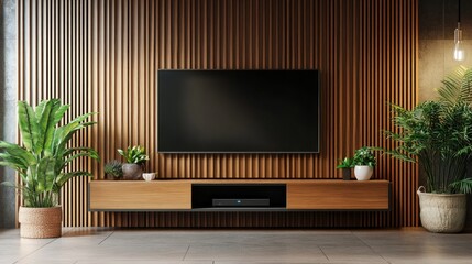 Modern Living Room with Wooden Wall and Television