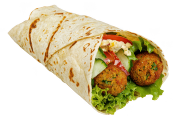 A tortilla wrap with falafel and fresh salad, perfect as vegan tacos.