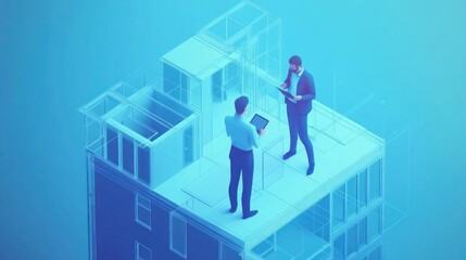 Obraz premium Two professionals discussing plans on a modern building structure.