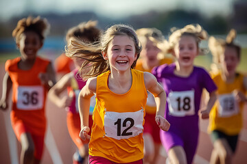 Fototapeta premium Group of young girls participating in a running race on an outdoor track, with a smiling child in the lead. Youth sports and competition concept. Design for banners, posters, and educational materials