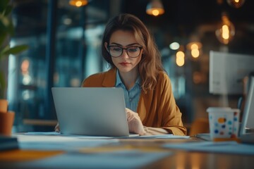 Working woman focused on computer, in modern office environment.