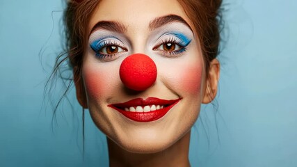 Colorful clown makeup highlights joyful expression with playful red nose and vibrant blue eye shadows