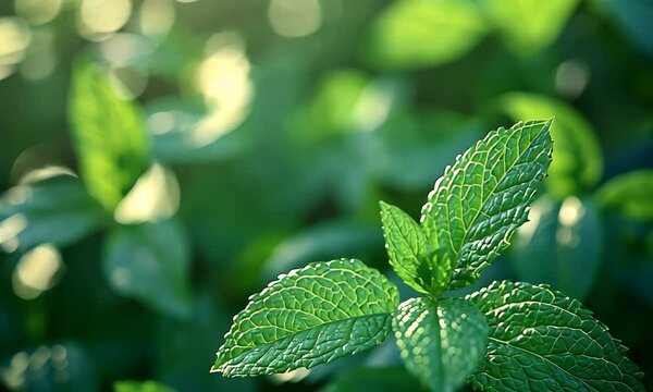 Close-up of vibrant green mint leaves with intricate texture and soft lighting.