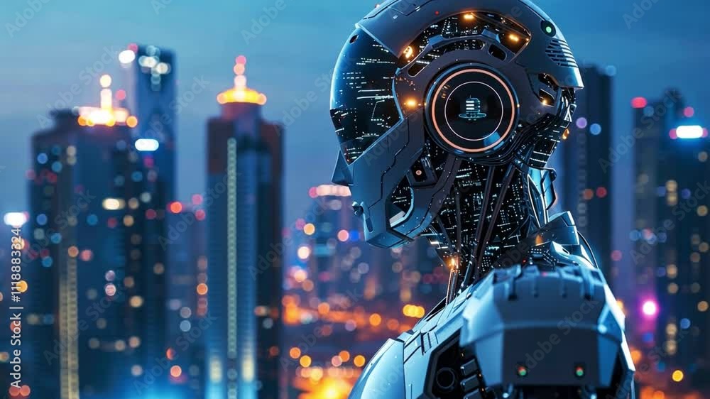 Poster A detailed humanoid robot stands against a vibrant city skyline at night, illuminated by colorful lights and a bustling atmosphere. The robot's design reflects advanced technology and innovation.