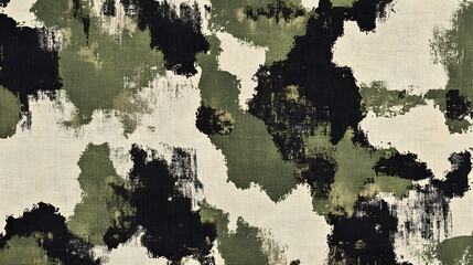 Obraz premium A camouflage pattern with an olive green, black, and white color scheme. The background is solid in the center of the canvas, and the design incorporates elements from military uniforms.