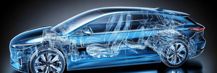 Modern Electric SUV with Transparent Bodywork, Revealing Internal Framework and Powertrain