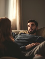 Fototapeta premium Man and a woman are sitting on a couch, the man looking at the woman. The woman is wearing a blue shirt