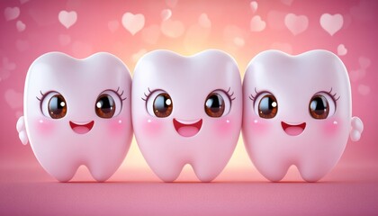 Obraz premium Three Happy, Healthy Teeth Characters on a Pink Background Dental Care and Hygiene Concept