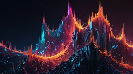 Obraz premium Vibrant digital landscape with glowing, abstract mountains and peaks in dark colors.