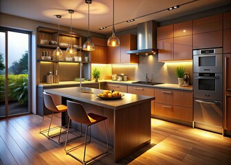 Stunning Night Kitchen 3D Render: Modern Interior Design, Illuminated Countertops, Realistic Lighting