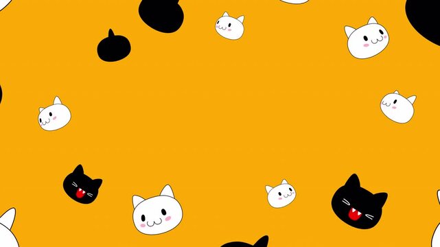 Outline cartoon 3d animation of black and white cat faces flying toward camera. Cute kitties on a transparent alpha channel