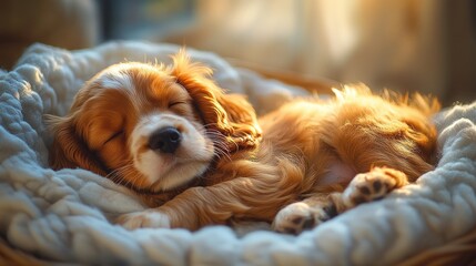 Adorable reddish-brown puppy sweetly sleeping in a cozy blue blanket-lined basket, bathed in warm sunlight.