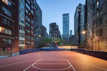 Urban basketball court surrounded by high-rise buildings at dusk.