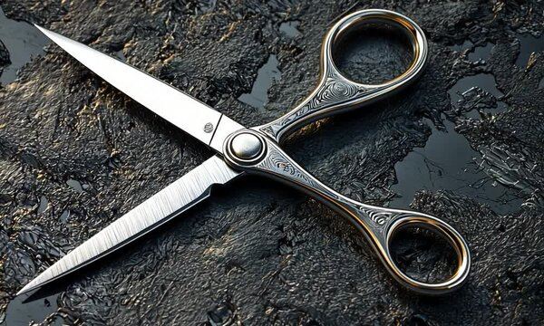 A pair of elegant scissors resting on a textured dark surface.