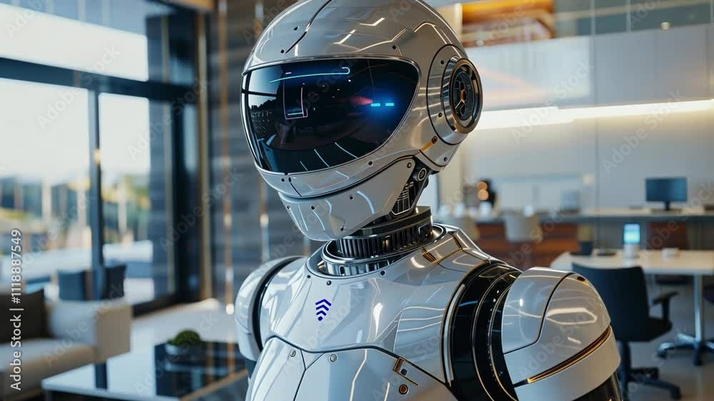 Poster a sleek robotic assistant stands confidently in a stylish estate office, highlighting advanced ai ca